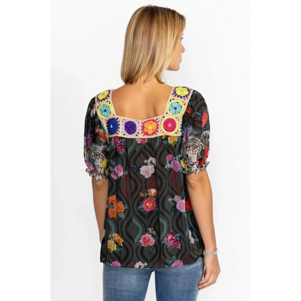 Johnny Was Rose Lace Tristan M Floral Crochet Tunic Top Cupra Rayon Boho Blouse